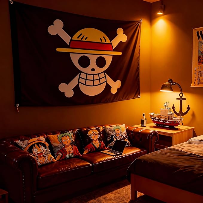 5x3 FT Multicolor Anime Style Pirate Flag with Luffy's Straw Hat Skull Design for Halloween Decor, Japanese Theme Party, Room Decoration