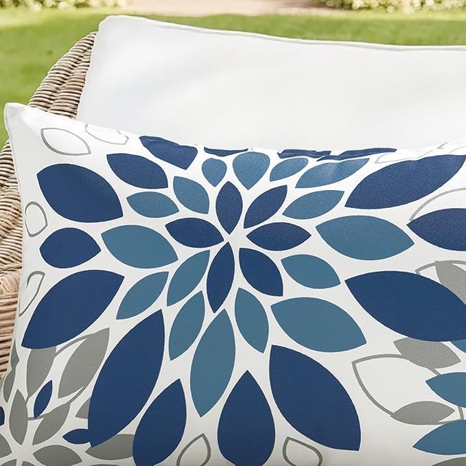 Floral Outdoor Pillow Covers Waterproof Spring Throw Pillow Cases Dark Blue Grey 18x18 Inch Set of 2 Decorative Summer Cushion Covers for Patio Furniture Garden Bench Porch Sofa