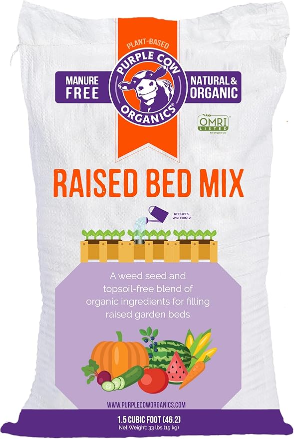 Purple Cow Organics Raised Bed Mix, 1.5 Cubic Foot Bag, Safe & Naturally-Occurring Plant-Based, Small Farm or Garden Growing Media for Vegetables, Flowers, Fruits & More