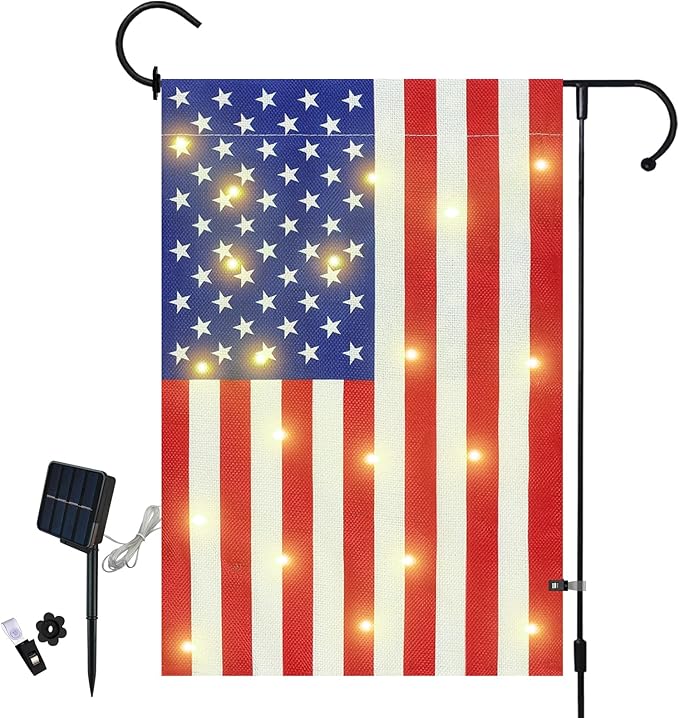 Lighted American Garden Flag 12 x 18 Inch Double Sided Burlap Led 4th of July USA Garden Flag for Independence Day Party Yard Outdoor Decoration