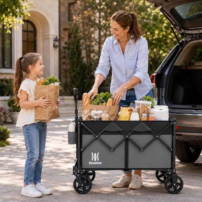 Navatiee 165L Collapsible Folding Wagon, Large Foldable Wagon with Silent All-Terrain Wheels, 330Lbs Heavy Duty Utility Grocery Cart for Camping Shopping Outdoor, Gray