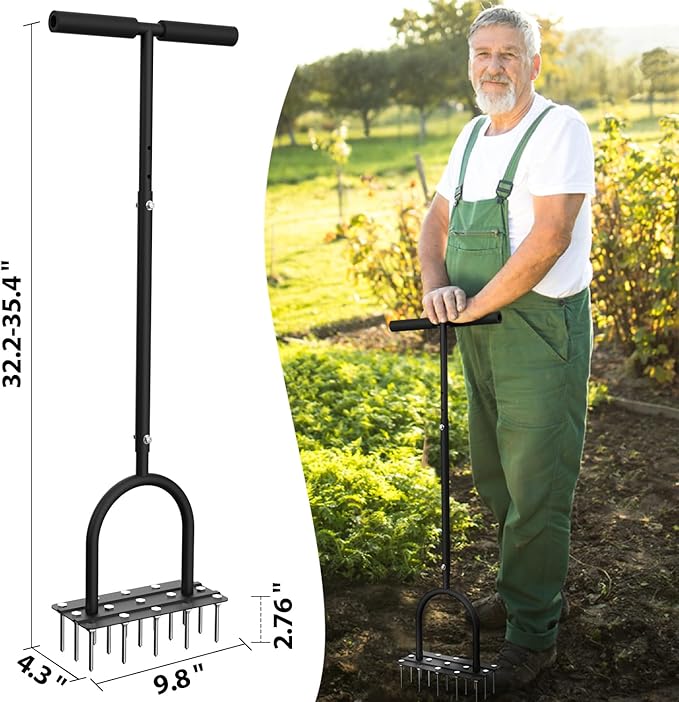 Aerator Lawn Tool Lawn Aerator -Heavy Duty Manual Grass Aerator with 15 Iron Spikes, Height Adjustable, Yard Aerator Tool for Lawn(Black)