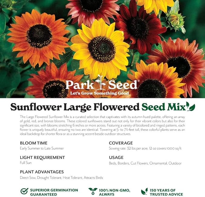Park Seed Grow Your Own Vibrant Annual and Perennial Wildflower Garden Seeds Mixture, Easy to Grow Varieties for Pollinators and Spring Gardens - Large Colored Sunflower Mix, 1/4 lb