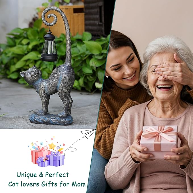 Fathers Day Decorations Gifts Outdoor Cat Garden Statues with Solar Lights, Home Decor Cat Figurines for Lawn,Patio,Balcony,Porch,Yard Art Ornament- Birthday Gifts for Women Grandma Sister