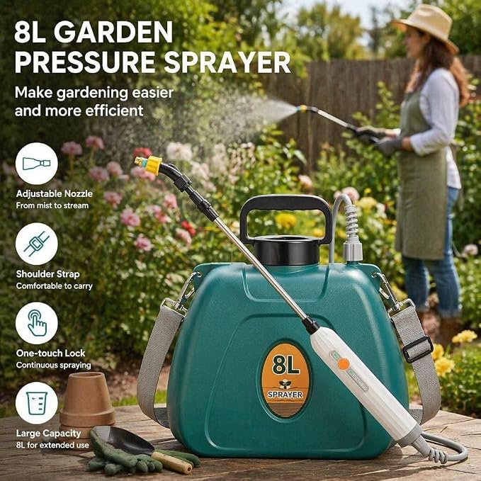 2 Gallon Battery Powered Garden Sprayer, Electric Weed Sprayer with 2 Adjustable Speed, Battery Indicator,Rechargeable Retractable Wand with Adjustable Shoulder Strap for Lawn,Garden,Yard