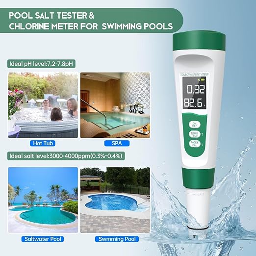 Salt Tester for Saltwater Pool & pH Meter, Digital Water Tester for Salinity,Temp,EC,TDS Meter for Pool Salt Tester,Hot Tubs & Spas,Hydroponics,Aquarium,Accurate & Reliable,5 in 1 Tester,Green