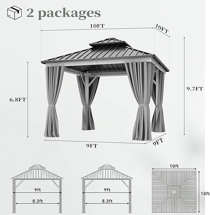 YITAHOME 10X10FT Hard Top Metal White Gazebo Patios Double Roof Canopy Aluminum Frame Garden Gazebo Tent Curtains Netting for Patios Backyards Decks Lawns White