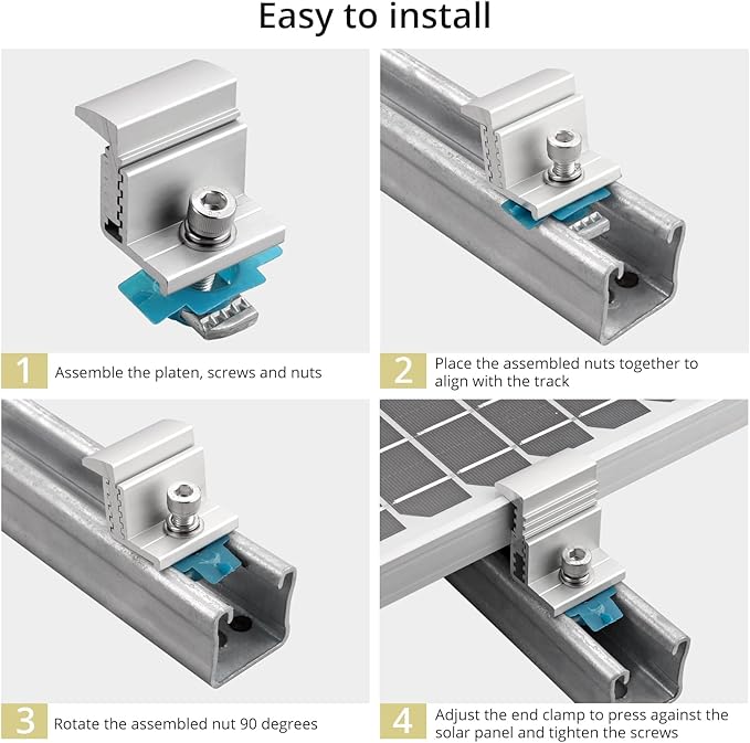 Anbte 10pcs Adjustable Solar Panel End Clamp for Unistrut, 30-50mm Aluminum Solar Panel Mounting Brackets with Nuts Bolts and Wrench, for Metal Roof, Tin Roof, Flat Roof, Sheet Roof, RV, Silver
