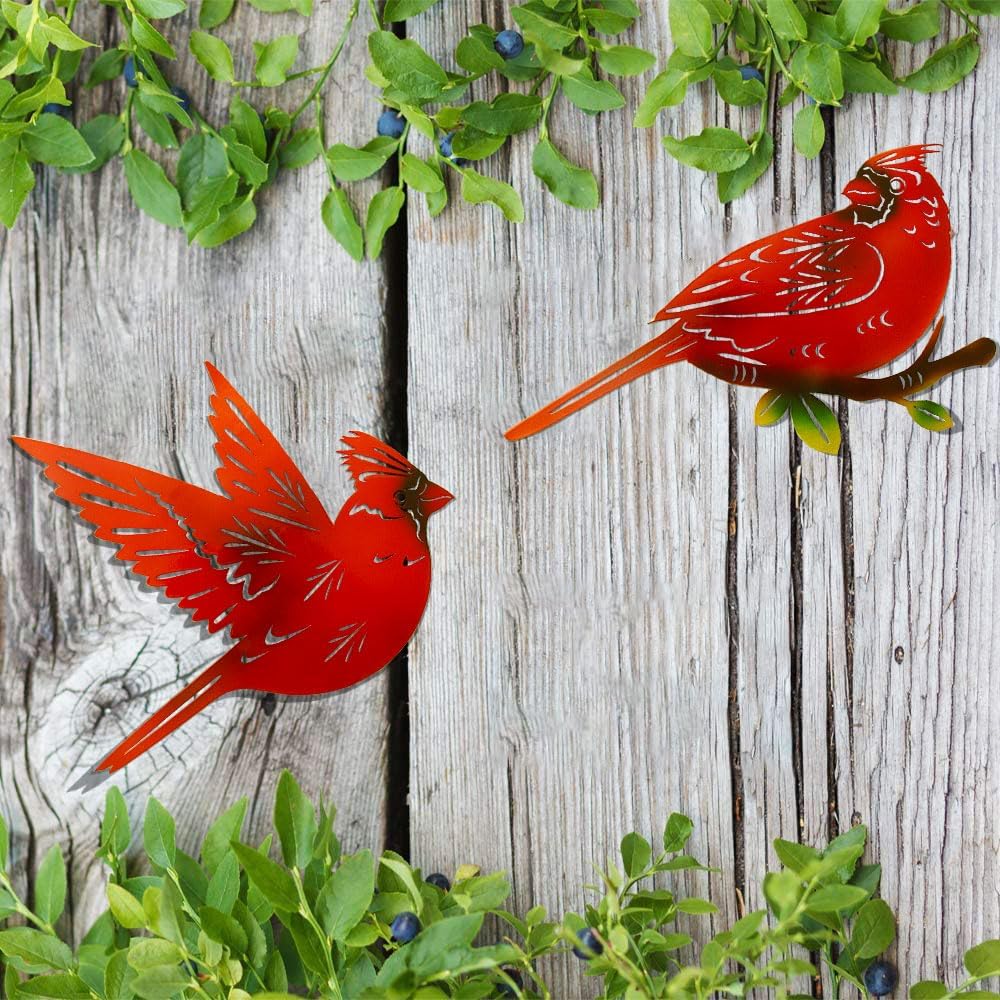 4 Pack Metal Cardinal Wall Art Decor Metal Birds 3D Outdoor Sculpture, Ornaments Hand-Made Nimble red Bird, Gifts for Mom,Birthday Gifts for Grandma Wife