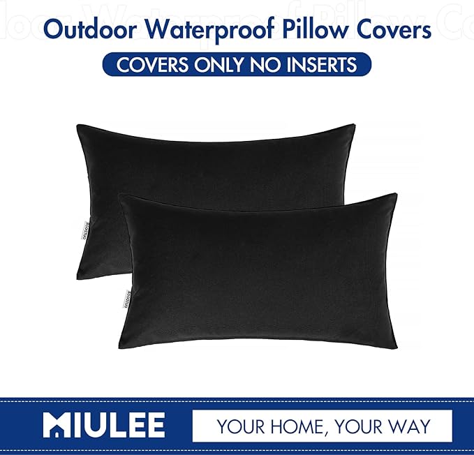 MIULEE Pack of 2 Decorative Outdoor Waterproof Pillow Covers Rectangular Garden Cushion Sham Throw Pillowcase Summer Shell for Spring Patio Tent Couch 12x20 Inch Black