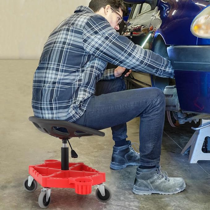 M-AUTO Padded Seat Shop Chairs for Garage with Wheels, 17.5”-22.5” Height Adjustable Swivel Mechanics Seat with Tool Organizer Tray for Garage and Garden, 300lbs Capacity