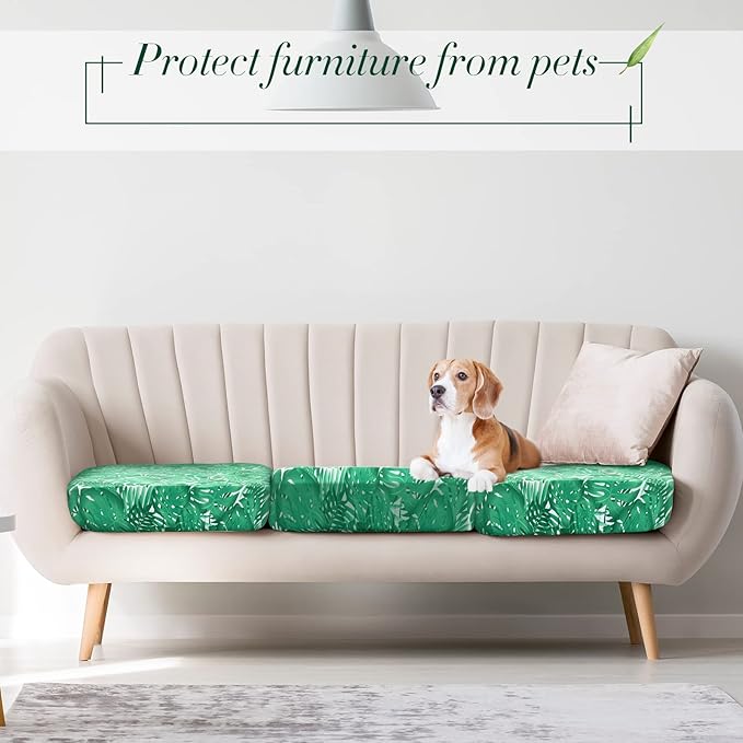 Newwiee 12 Pcs Patio Cushion Covers Outdoor Stretch Sofa Couch Cover Replacement Couch Slipcover Sofa Seat Chair Porch Patio Furniture Protector, Flexibility Washable(Green,Monstera)