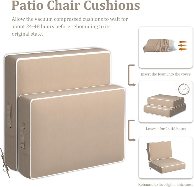 5" Thicker Outdoor Chair Cushions 2 Sets 24" *24" Waterproof Patio Chair Cushions for Outdoor Furniture w/Removable Cover 30D High Density Sponge Filling Thicken Patio Furniture Cushion w/Handle &Ties