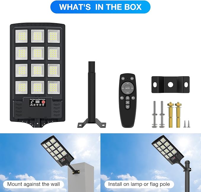 Solar Street Lights Outdoor Waterproof,6500K 320° Wide Angle Solar Flood Light, LED Parking Light with Motion Sensor and Remote Control, Suitable for Street, Parking lot-4PACK