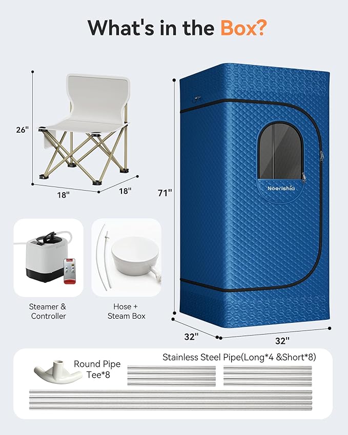 Portable Sauna for Home with 3L 1200W Steamer, Big Folding Chair, 99 Mins Timer, 9 Levels, Pernoanl Steam Sauna Tent Dual YKK Zippers for Home Spa Detoxification, 32' x32' x 71', Blue