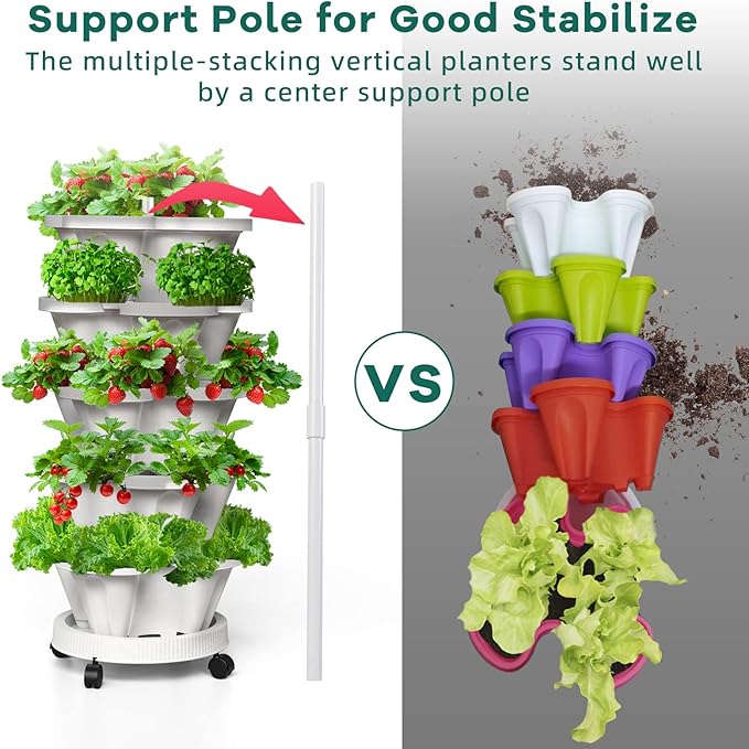 7 Tiered Strawberry Vertical Planter 2 Pack, Stackable Tower Garden Planter Herb Garden Planter with Movable Casters and Bottom Saucer Indoor and Outdoor - Black