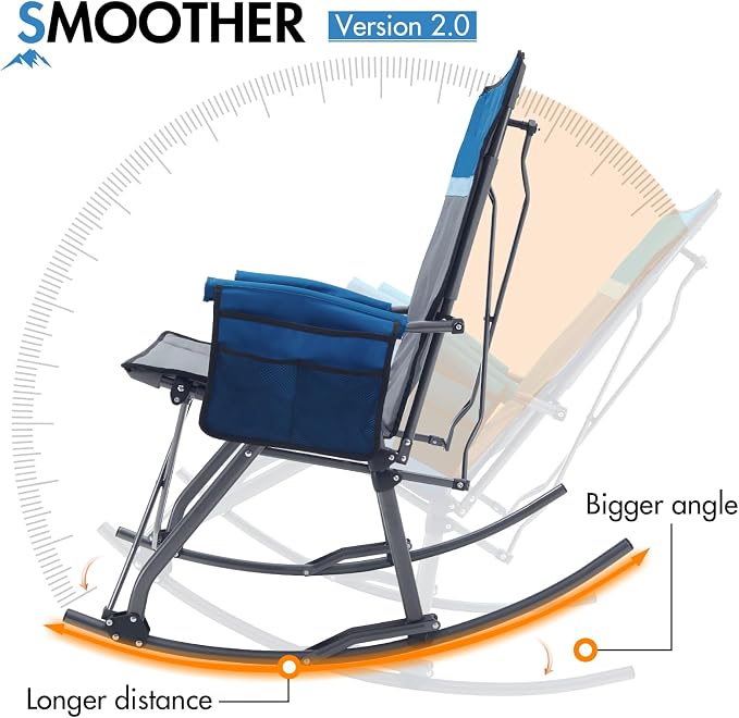 Portal Oversized Folding Rocking Camping Chair Portable Outdoor Rocker with High Back Hard Armrests Carry Bag, Supports 400 lbs, Padded Back, Grey&Blue