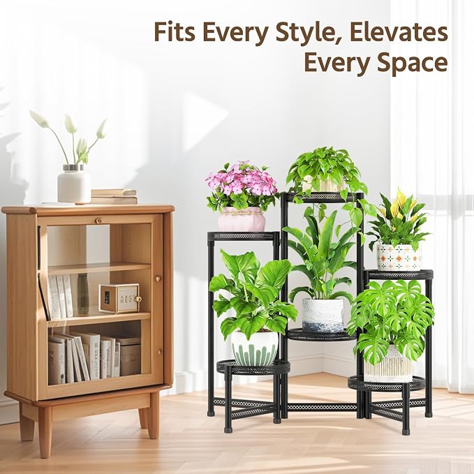 LASZOLA 6 Tiered Folding Tall Plant Stand for Indoor Outdoor Corner, Larger Heavy Duty Metal Adjustable Multiple Rack with 10 Inch Wide Hollow Tray, Flower Planter Holder for Modern House Patio, Black