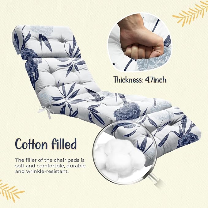 2 Pack Outdoor Chaise Lounge Chair Cushion 75.1 x 22.8 x 4.7 Inches 100% Waterproof Replacement Cotton Patio Pool Lounge Chair Cushion for Outdoor Furniture with Ties, Blue Enchantress