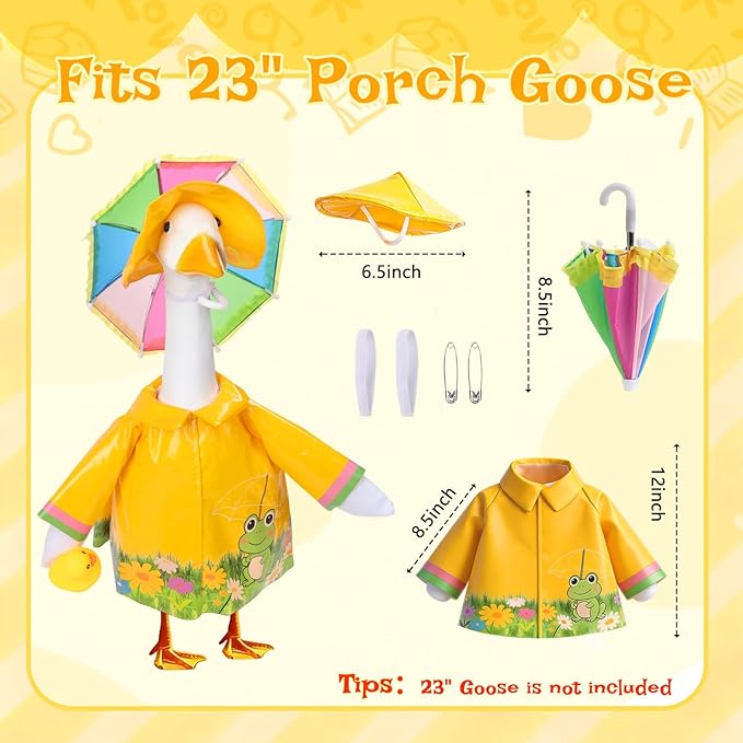 GJL Porch Goose Raincoat Outfit Fits 23 Inch Plastic Cement Goose Statue, Lawn Goose Clothes Set with Umbrella and Hat for Spring Summer Outdoor Yard Garden Decor