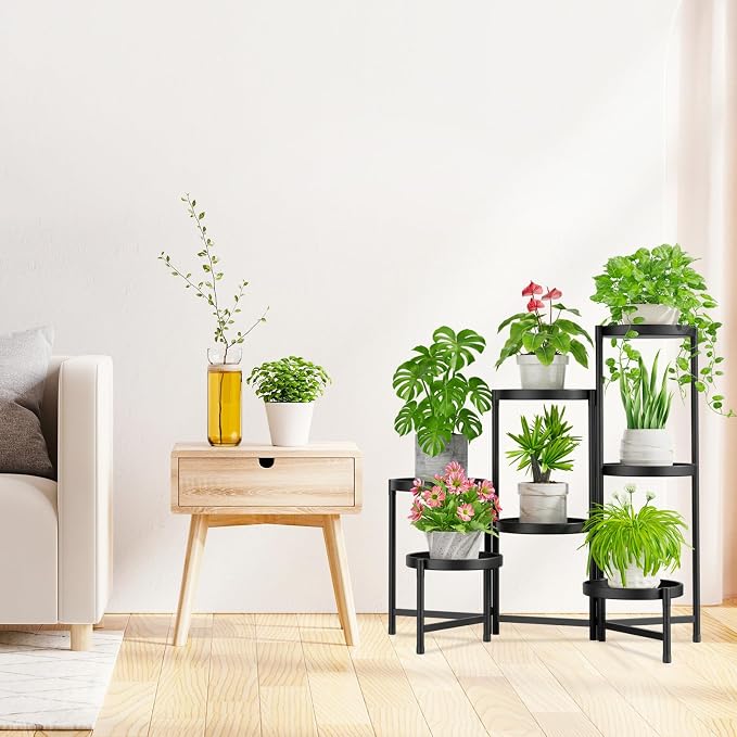 iDavosic.ly 7 Tier Large Plant Stand Indoor with 10 Inch Wide Tray, Tiered Corner Metal Outdoor Flower Display Holder Shelf, Folding Tall Rack for Patio Porch Living Room, Modern Black