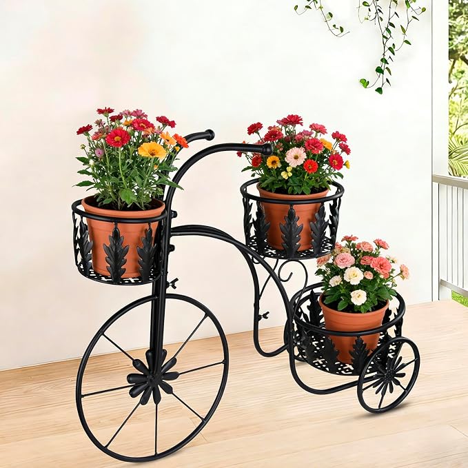 Metal Bicycle Planter Stand, 3 Tier Flower Pot Stand Cart with 3 Plant Buckets, Outdoor Garden Decorative Planter for Yard Patio Lawn Flower Shop Home Decor (Black)