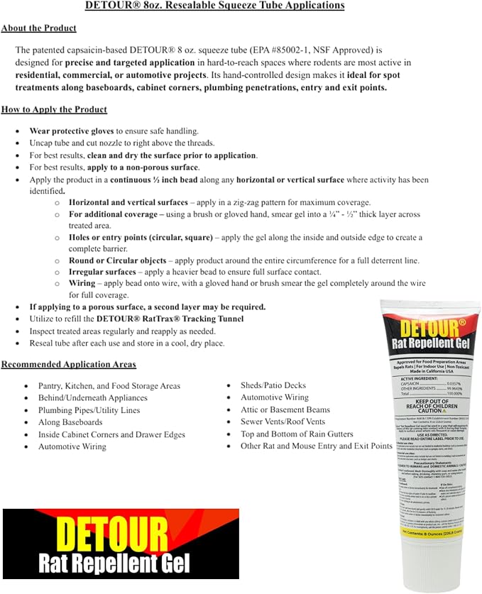 Detour Rat Repellent Gel Professional Grade Rat Mice Repellent 8 oz Squeeze Tube NSF-Approved for Food Preparation Areas Protects Car Engine Wires & Outdoor Grills from Rodents Toxin-Free