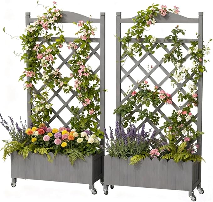 COMHOMA 2 Pack Raised Garden Bed with Trellis and Wheels,48Inch Elevated Planter Box with Drainage Holes,Lattice Privacy Screen for Climbing Plants Vegetables,Outdoor for Patio Balcony Yard,Gray