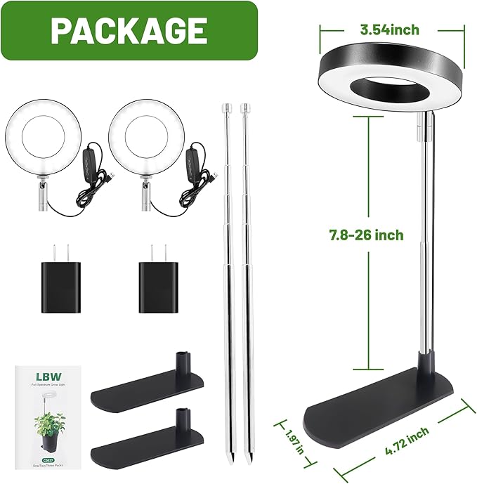 LBW Grow Light for Indoor Plants, Full Spectrum Halo Plant Grow Light with Base, Height Adjustable Plant Lamp with Auto Timer 6/8/12/16H, 3 Color,5 Dimmable Level, for Small Plants, Black, 2 Packs