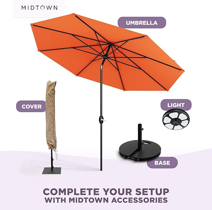 Midtown Umbrellas 10-Year-No-Fade - 8 Ft - UV Proof Bright Orange Polyester Fabric - Umbrella Outdoor Patio, Auto-Tilt Aluminum Frame Patio Umbrella for Garden, Pool & Deck - Black Pole