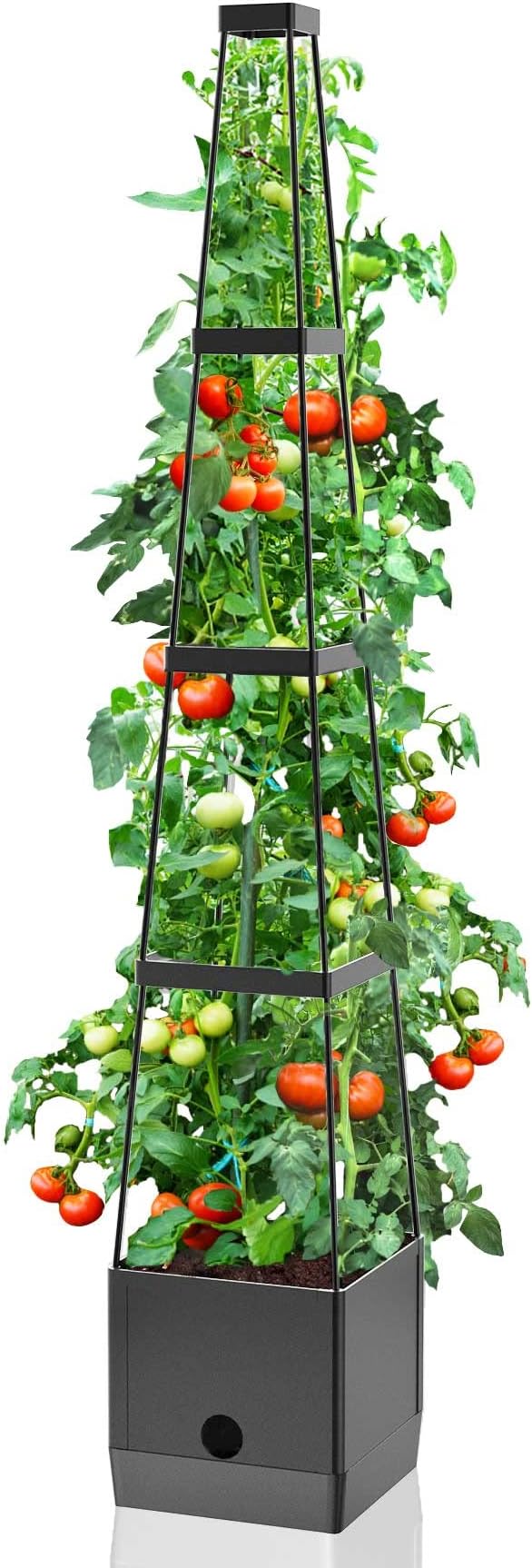 Raised Garden Bed Planter Boxes & Trellis, vanpein Tomato Cage & Planter Pot Outdoor 59" Plant Support with Self Watering for Climbing Vegetable Flowers Vines Plants, Gray