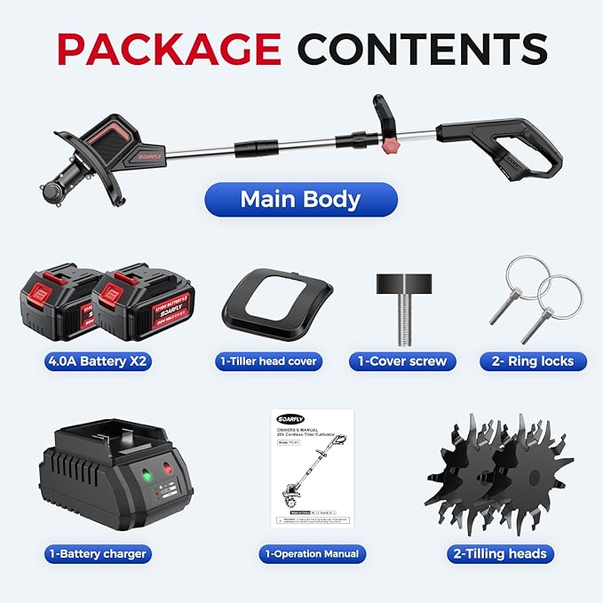 SOARFLY Upgraded Cordless Electric Tiller for Gardening, Total 8.0Ah Battery Powered Mini Cultivator with 2Ă4.0AH Batteries, 9" Width, 6.6" Depth, 48 Steel Tines Rototiller for Soil Cultivation