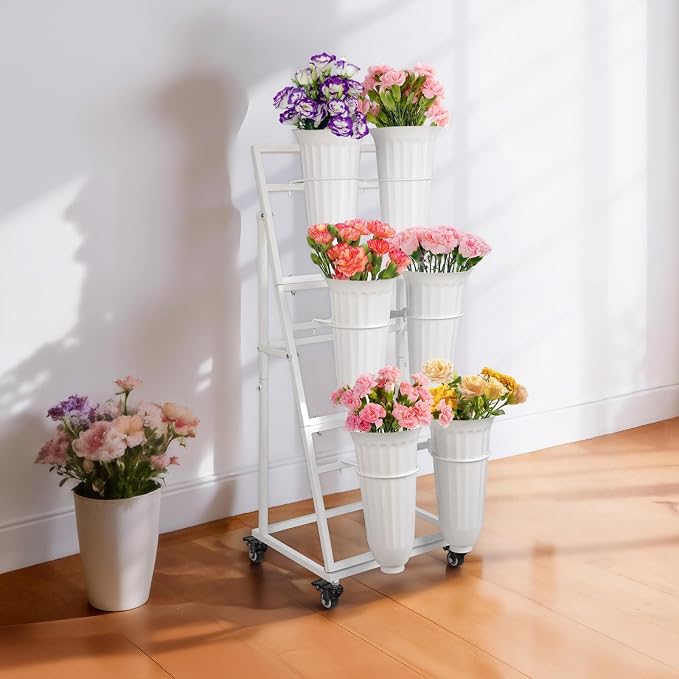 3FT Flower Display Stand with 6 Buckets,Metal Flower Bar Stand with Wheels,3 Layers Moving Florist Bouquet Shelf for Indoor Outdoor Garden,Flower Shop,Wedding,Party Decor (WHITE)