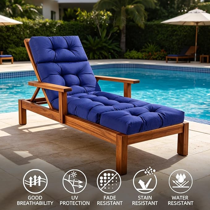Patio Chaise Lounge Cushions, 70.5"x21"x4" Waterproof Replacement Beach Pool Lawn Outdoor Lounge Chair Cushion, Non-Slip Bottom & Secure Ties for Outdoor Furniture,Dakr Blue, 1Count