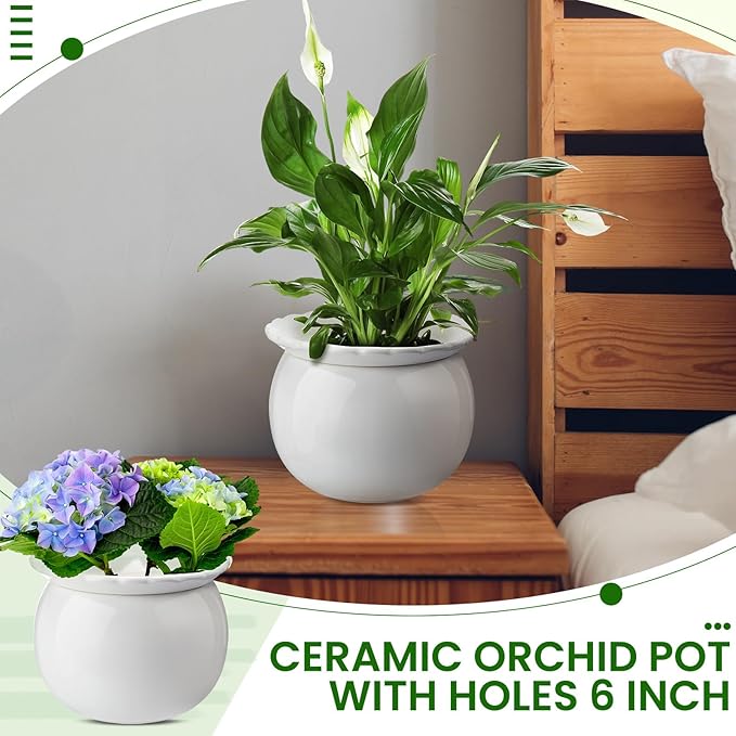 Suclain 2 Pcs African Violet Pots, 6.5 Inch Self Watering Pots for Indoor Flowers and Plants Ceramic Easy Self Watering Plant Pot with Highly Absorbent Inner Planter Pot for Tropical Plants(White)
