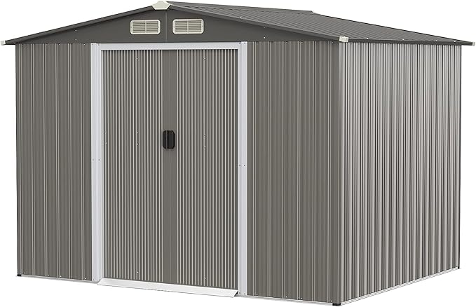 Goplus 8.5' x 6.8' x 6' Outdoor Storage Shed, Weather-Resistant Utility Storage House w/Foundation, 4 Air Vents, Double Doors & Ramp, Galvanized Steel Tool Shed for Garden, Lawn, Patio, Yard