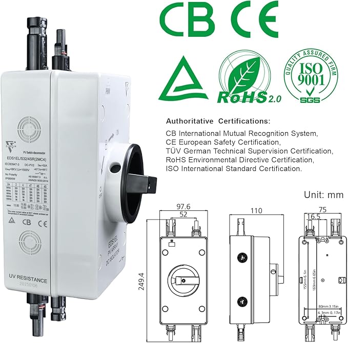 Solar Disconnect Switch 4-Pole DC1500 32A Isolator Solar Switch with Enclosure for Rooftop Solar Systems, RVs and Boat Waterproof IP66 Black 2MC4