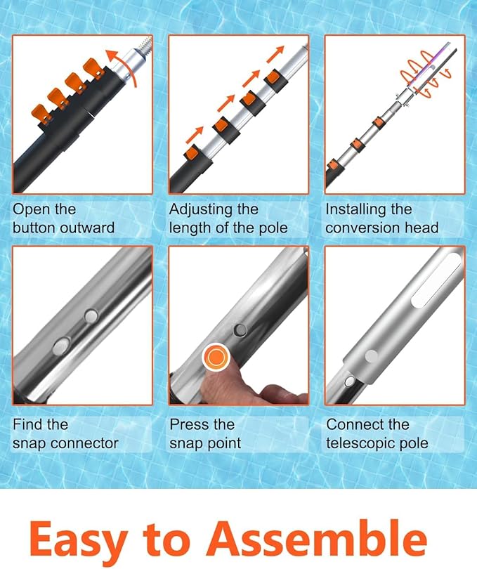 Buyplus Pool Pole - Upgraded 16 Foot Telescopic Extendable Swimming Pool Pole with 4-16FT Aluminium Heavy Duty Extension Pole for Skimmer Nets, Rakes, Brushes and Vacuum Heads, Universal 1.25", Orange