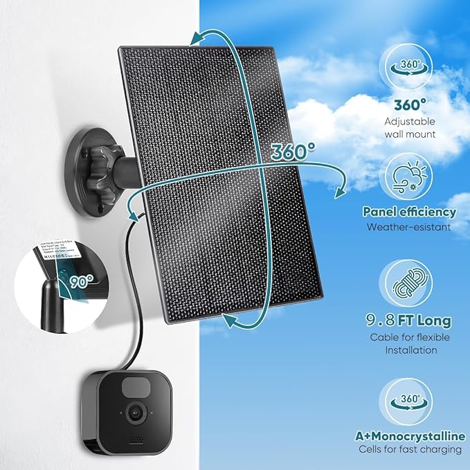 Solar Panel Charger for Blink Camera,3W Solar Kit Build-in 2600mAh Rechargeable Battery, IP66 Waterproof