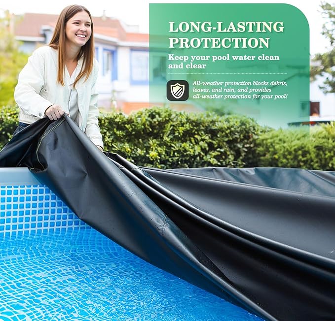 UIRWAY 24 Ft Round Pool Cover with Reflective Strips, Swimming Pool Cover for Above Ground Pools, Solar Cover Including Rope Tie and Luminous Ground Nails, PU Tarp Snug Fit for UV Protected
