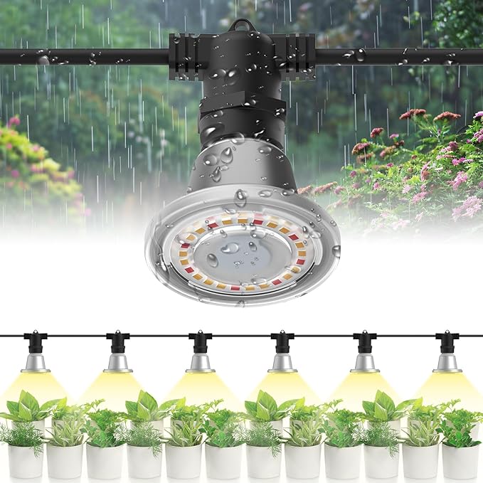 SANSI Hanging Grow Light String for Indoor Outdoor Plants, 6 LED Grow Light Bulbs 72W with Optical Lens for High PPFD, IP65 Waterproof Plant Grow Lamp for Greenhouse Garden (Upgraded)