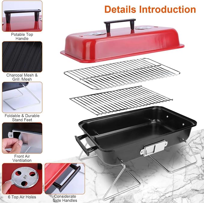 Portable Charcoal Grill for Outdoor Cooking - Small Tabletop BBQ Smoker Grill with Lid, Folding Design for Camping, Picnics, Beach, Backyard & Tailgating