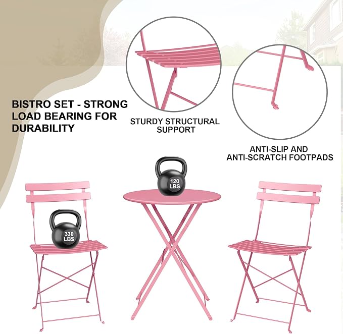 3-Piece Folding Bistro Set Outdoor Patio Furniture, Space-Saving Foldable Chairs & Table Capacity Heavy-Duty Powder-Coated Steel Frame, No Assembly Required for Garden, Balcony, Backyard, Pink