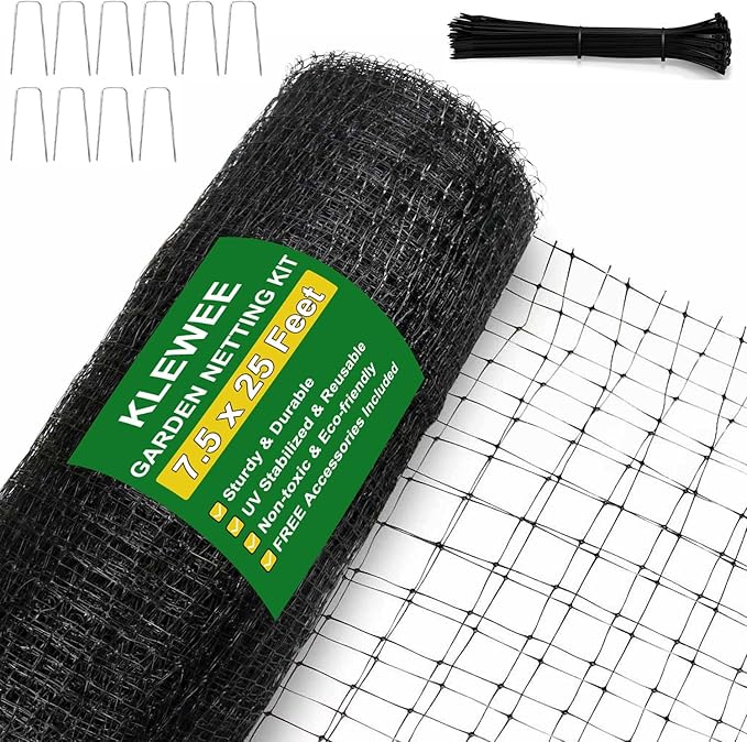 KLEWEE Bird Netting, 7.5 x 25 FT Heavy Plastic Duty Garden Netting to Protect Fruit Trees, Plants and Vegetables Against Birds, Deer, Squirrels and Other Animals