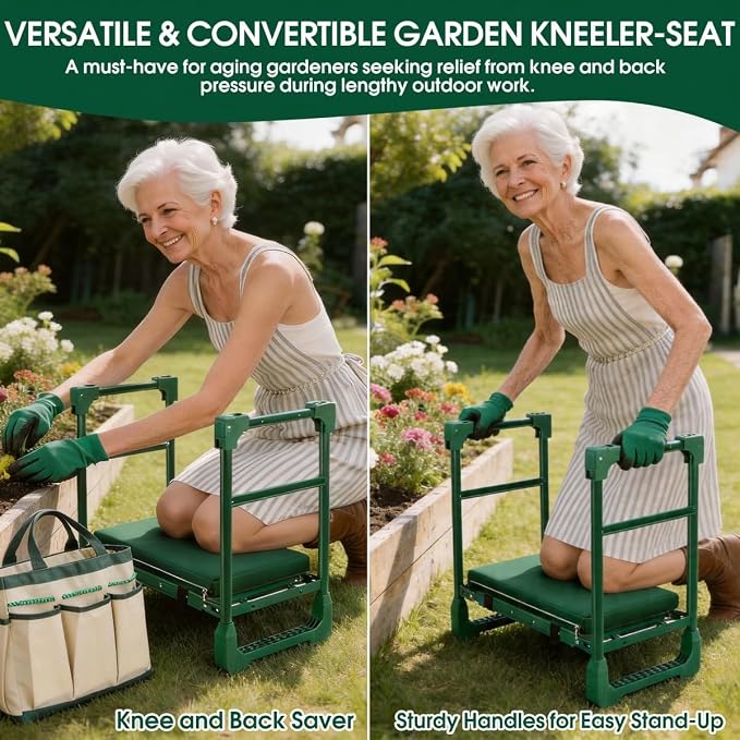 Garden Kneeler and Seat for Seniors: Heavy Duty 420 LBS Support Anti-Tip Multifunctional Gardening Stool Bench with Widened Thick Soft Kneeling Pad & Tool Bag - Foldable for Gardeners