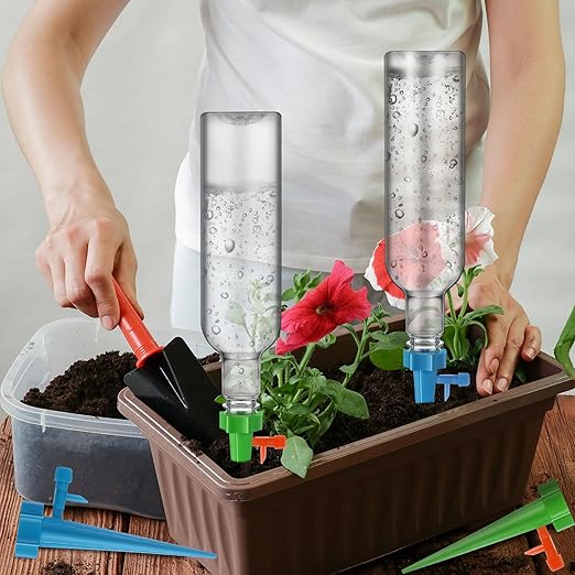 SiliFine 16 Set Plant Watering Devices with Self Watering Spikes and 26 oz Plastic Bottles Plant Waterer Devices with Adjustable Control Valve Switch Indoor Outdoor (Clear)