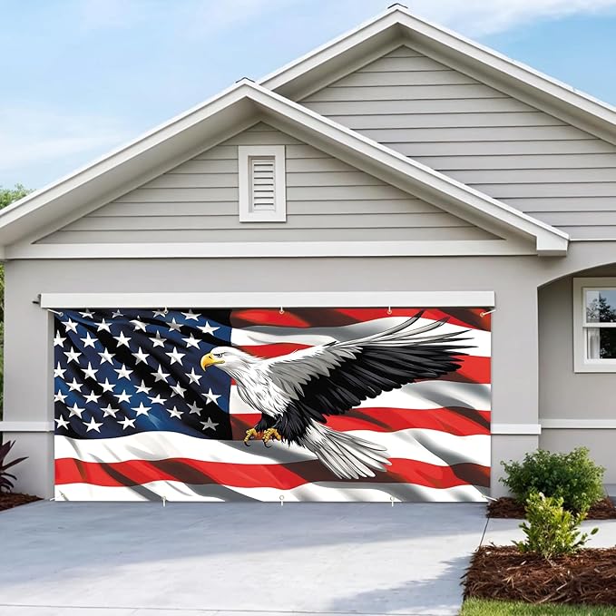 7 * 16FT Eagle USA Flag 4 of July Garage Door Cover Decorations Independence Day Garage Door Banner for Outdoor Indoor Patriot Party Photography Backdrop