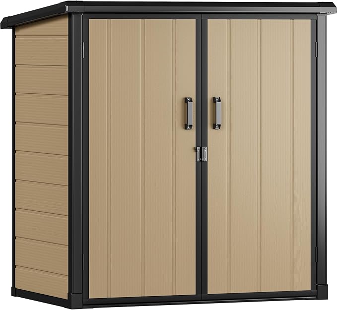DWVO 4.2x2.6ft Outdoor Storage Shed with 2 Shelves, 54 Cu Ft Waterproof Resin Garden Shed with Floor & Lockable Door, Plastic Tool Cabinet for Garbage Cans, Lawn Equipment, Garden Supplies (Brown)