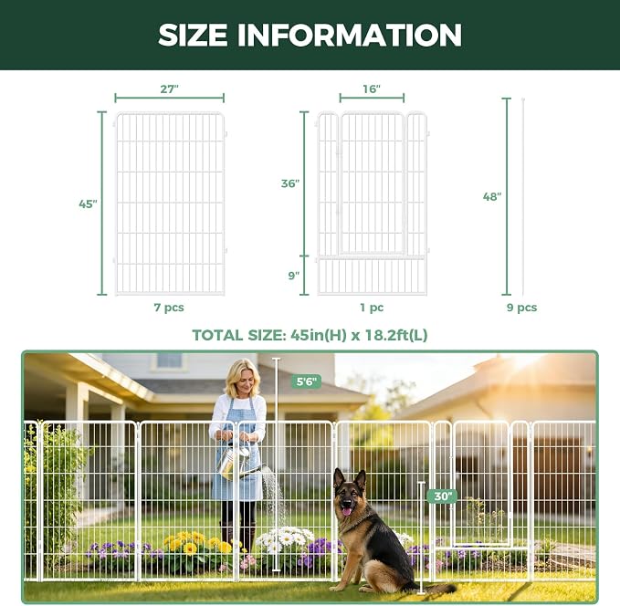 FXW Garden Fence Outdoor for the Yard – 45in(H) x 18.2ft(L) Heavy Duty Metal Animal Barrier for Dog, No Dig Decorative Dog Fence, 8 Panels, White