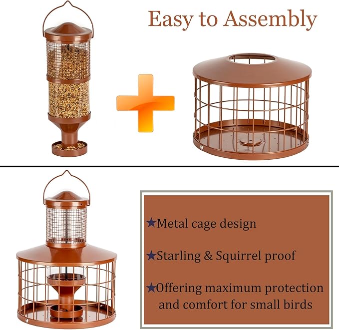 Caged Bird Feeders Squirrel-Proof, Metal, 2.8 Lbs Capacity-Cage Tube Seed Feeders with Tray Outdoor Hanging, Attract Birds,Detachable Cleaning, Starling Proof Wild Bird Feeder(Brown)